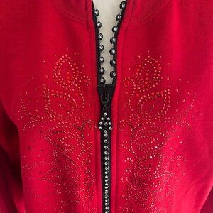 Vintage Bedazzled Red Holiday Flower Zip Up Sweat jacket, Size Medium
